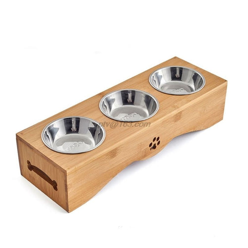 Stainless Steel Food Water Feeding Bowl for Dogs Cats Bamboo Stent Pet Triple Bowl Natural Wood Pet Tableware Balance